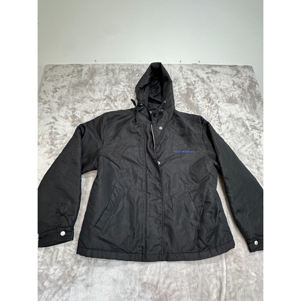 Polo Jeans Co Jacket Mens Size Large Black Ralph Lauren‎ Hooded Zip Snap EUC